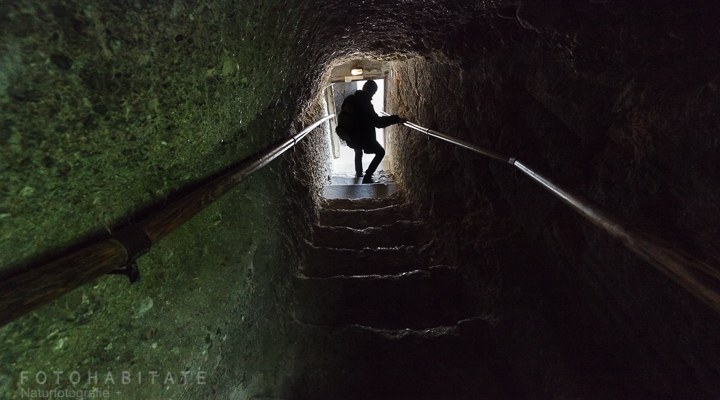 Mann steigt Treppe im Höhlengang hinab